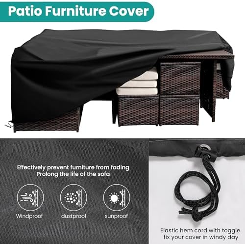 Wumiokio Patio Furniture Set, 7 Pieces Outdoor Patio Furniture with Dining Table&Chair, All Weather Wicker Conversation Set with Ottoman,Brown Rattan & Ivory Cushions (Include Sofa Dust Cover)