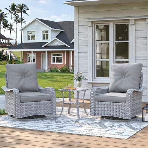 2-Seat Modern Patio Furniture Set with Swivel Rocking Chairs, Thick 4″ Cushions, Dual-Strand Wicker Rattan, Rust-Resistant Steel Frame – Outdoor Conversation & Modular Sectional,Gray