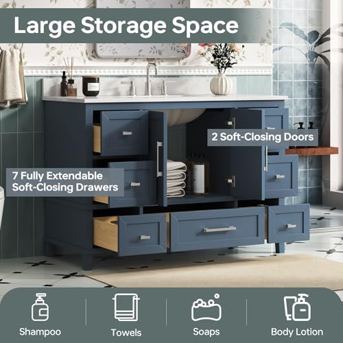 48 Inch Fully Assembled Bathroom Vanity with Sink, Modern Solid Wood Vanity with Soft Closing Doors & Dovetail Drawers, 48 Inch Vanity with Sink, Engineered Stone Top, Steel Blue