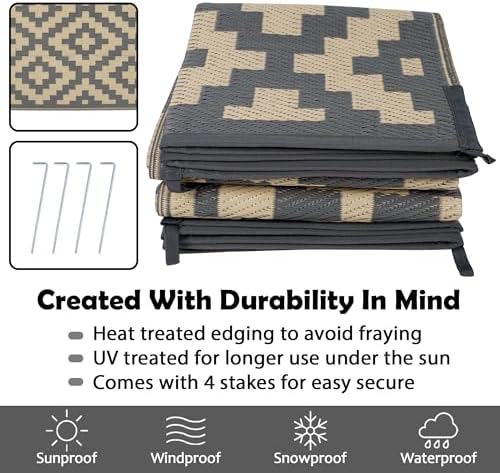 SAND MINE 6 x 9 Ft Reversible Mats, Plastic Straw Rug, Modern Area Rug, Large Floor Mat and Rug for Outdoors, RV, Patio, Backyard, Deck, Picnic, Beach, Trailer, Camping, Grey & Tan