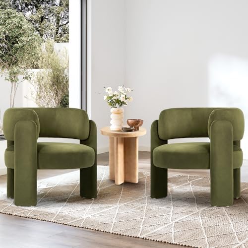COLAMY Modern Velvet Accent Chair Set of 2, Upholstered Barrel Chairs, Comfy Side Arm Chairs with 3 Legs for Living Room, Bedroom, Reading, Green