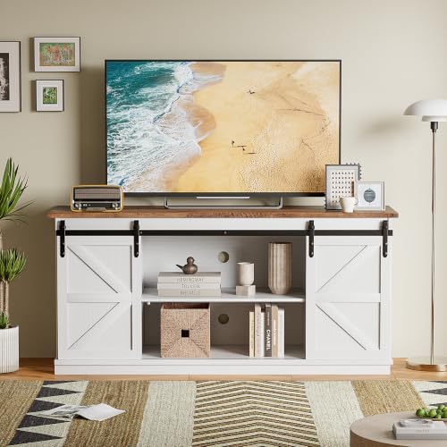 JUMMICO TV Stand for 65 Inch TV, Sliding Barn Doors, White