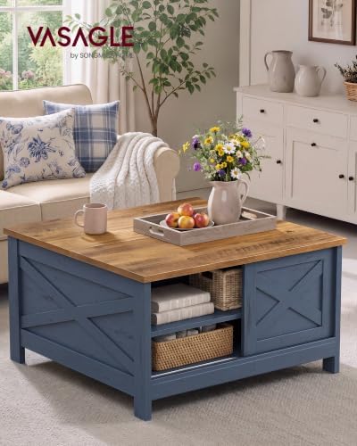 VASAGLE Farmhouse Coffee Table with Storage, Lift Top, Hidden Compartment