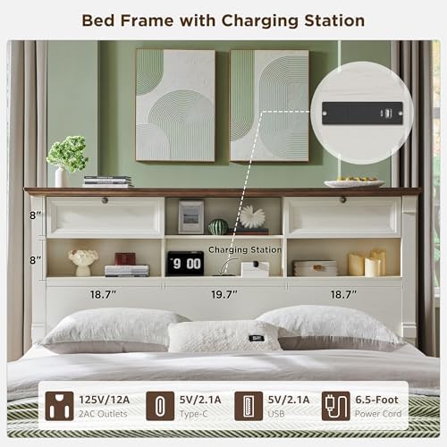 Wood Queen Size Bed Frame with 54" Tall Storage Headboard Charging Station