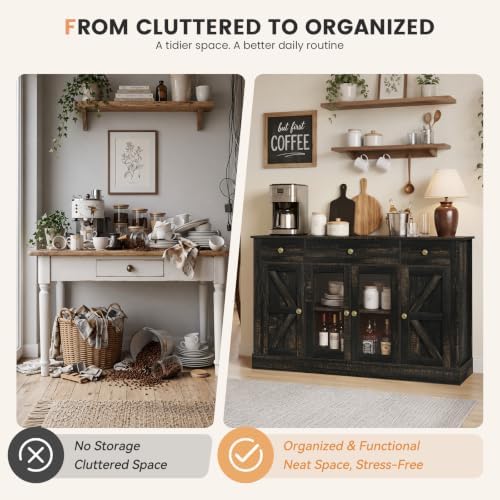 4 EVER WINNER 55" Large Coffee Bar Cabinet with 4 Doors and 3 Drawers, Buffet Cabinet with Plexiglass Doors, Kitchen Cabinet with Adjustable Shelves for Dining Room, Rustic Oak