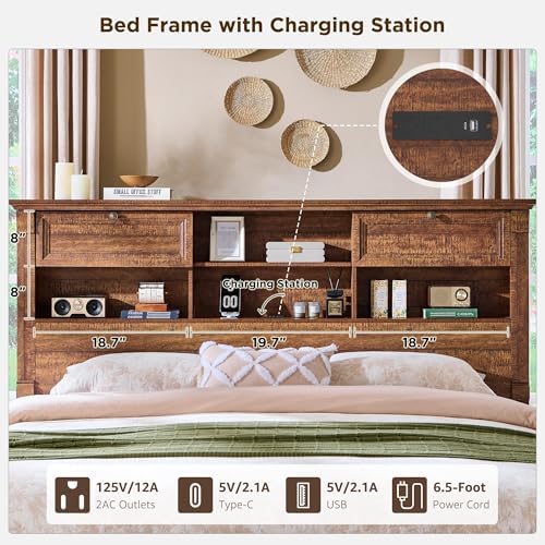 Farmhouse Queen Size Bed Frame with 54" Tall Headboard, 2 Footboard Drawers