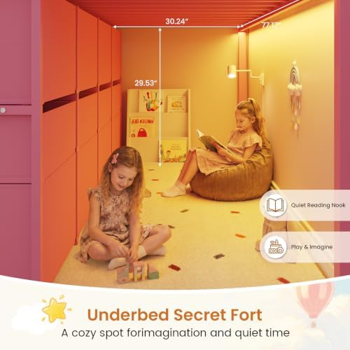 DICTAC Low Loft Bed Twin Size with 8 Drawers, 4 Bookcase & LED Lights, Pink