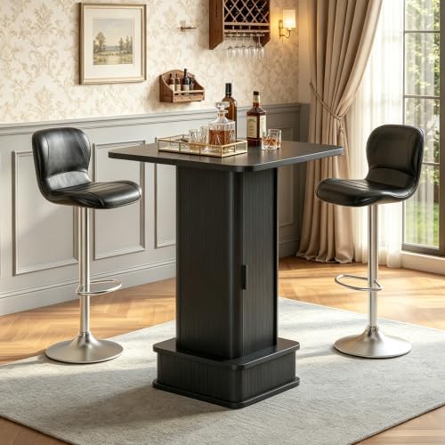 Square Bar Table with 2-Tier Hidden Storage & Wine Glass Rack, 38.1" High Counter Height Bistro Pub Cocktail Table, Modern Drink Bar Station for Kitchen Dining Room, Coffee House, Small Space, Black