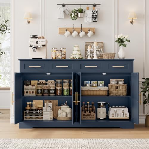 HOSTACK Sideboard Buffet Cabinet with Storage, Kitchen Cabinet, Blue/Gold