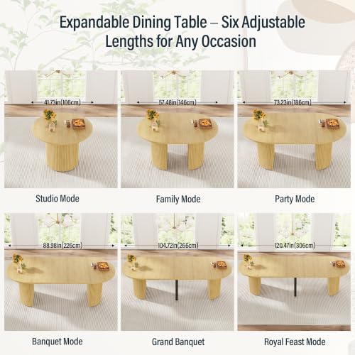 weselon 42"-120" Extendable Dining Table for 4-14, Expandable Oval Dining Room Table with Fluted Pedestal Base & Reinforced Metal Support Leg, Extra Large Modern Kitchen Table (Natural)
