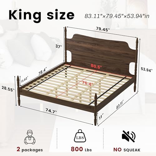 King Size Wood Platform Bed Frame with Tall Curved Headboard, Retro Four-Poster Spindle Bed with Solid Rubberwood Posts and Legs, No Box Spring Needed, Walnut Finish