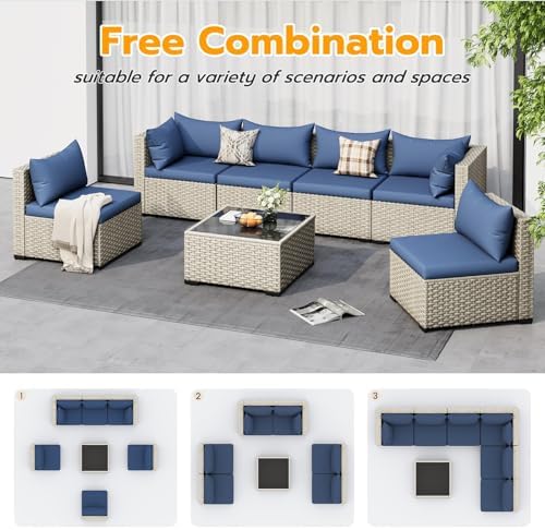 UDPATIO Outdoor Patio Furniture Set 7 Pcs Wicker Sectional Sofa Blue