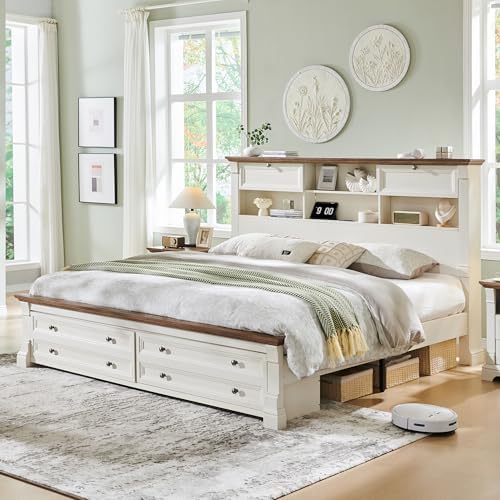 Wood Queen Size Bed Frame with 54" Tall Storage Headboard Charging Station