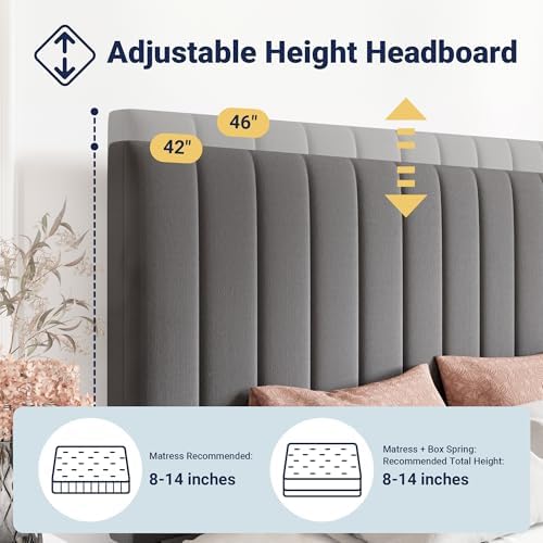 Allewie King Size Storage Bed Frame, Vertical Channel Tufted Adjustable Headboard, Velvet Upholstered Platform Bed with 4 Oversized Underbed Drawers, Wooden Slats Support, No Box Spring Needed, Grey