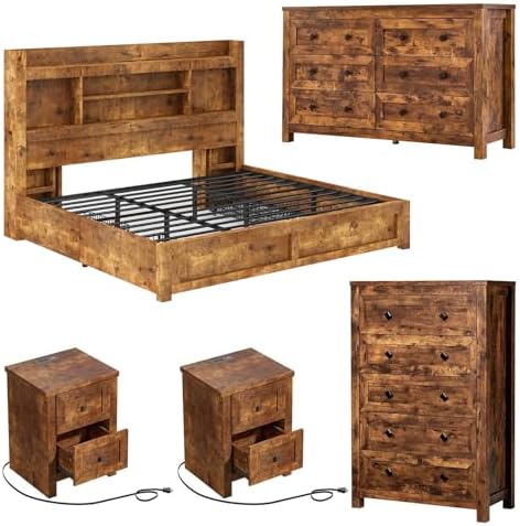 LUXOAK 5-Piece Farmhouse Bedroom Set - King Storage Bed & Dresser, Brwon