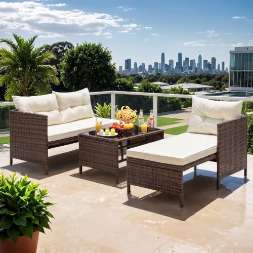 5 Piece Outdoor Sectional Patio Furniture Sets, All Weather Outdoor Wicker Rattan Patio Conversation Set, Patio Seating Sofas with Cushions, Lumbar Pillows and Tempered Glass Table
