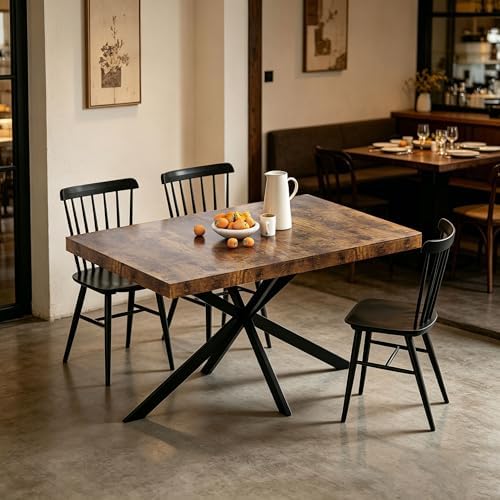 Extendable Dining Table for 4-6 People, 55" to 71" Expandable Table with Hidden Storage Drawer and Black Metal Base, Modern Rectangular Kitchen Dining Table, Brown & Black