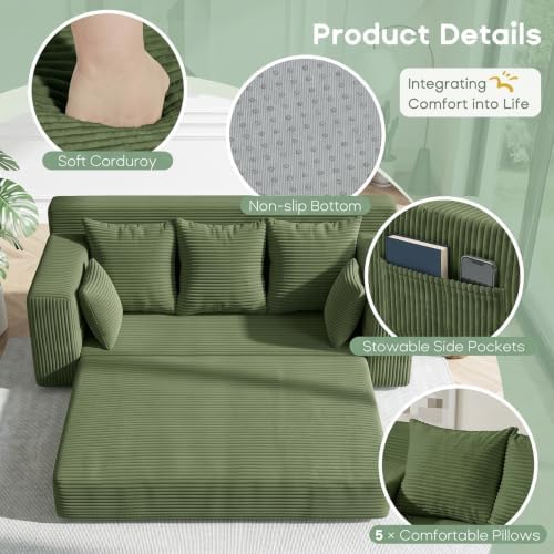 Boneless Couch for Living Room, 3 Seater Convertible Sofa Bed in A Box, Folding Pull Out Couch with Comfy Corduroy, Loveseat Sleeper Floor Sofa with 5 Pillows, No Assembly Required, Olive Green