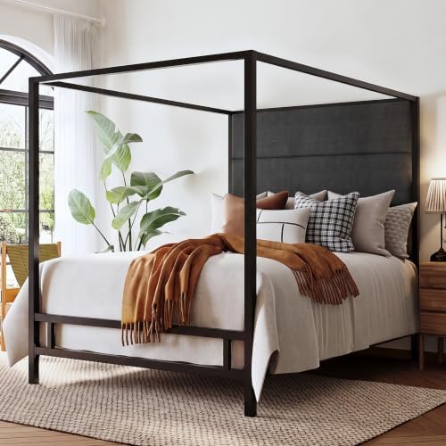 Merax King Canopy Bed Frame with Tall Linen Headboard, Metal 4 Poster Bed