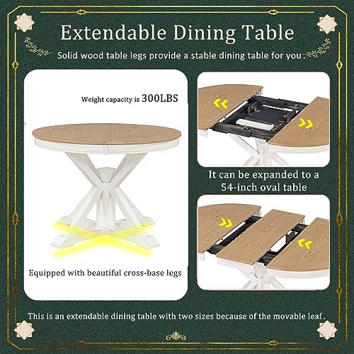 LUMISOL 5-Piece Solid Wood Dining Table Set for 4, Farmhouse Extendable Round Kitchen Table Set with 4 Upholstered Chairs for Kitchen, Dining Room, Living Room, Oak Natural Wood + Off White