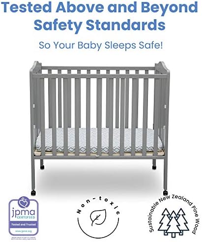 Delta Children Folding Portable Mini Baby Crib with 1.5-inch Mattress - Greenguard Gold Certified, Grey