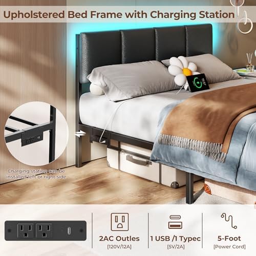 Furnulem Full Size Bed Frame with PU Upholstered Headboard and 2 Drawers