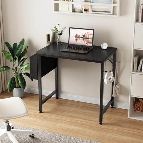 Lufeiya Small Desk for Small Spaces, 24 Inch Kids Girls Study Writing Mini Desks for Bedroom, Simple Modern Laptop PC Little Side Table with Storage Bag Headphone Hooks, Black