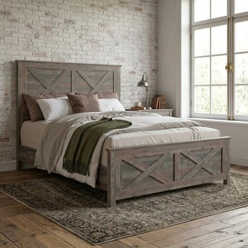 HOME DESIGN Derby Full Rustic Wood Panel Bed Frame, Brown