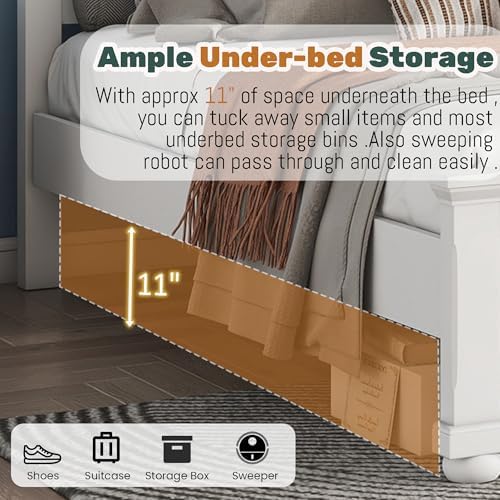 Farmhouse King Size Bed Frame with Tall Headboard & Footboard,Wooden King Bed Frame with Wood Panel Bed Base, No Squeak, No Box Spring Needed, White