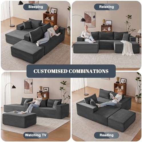 Mangodan 110” Cloud Sectional Couch, Modular Sectional Sofa with Deep Seat, Boneless Sofa for Living Room, Fluffy Comfy U-Shaped Couch with Left Facing Chaise, No Assembly Required, Grey