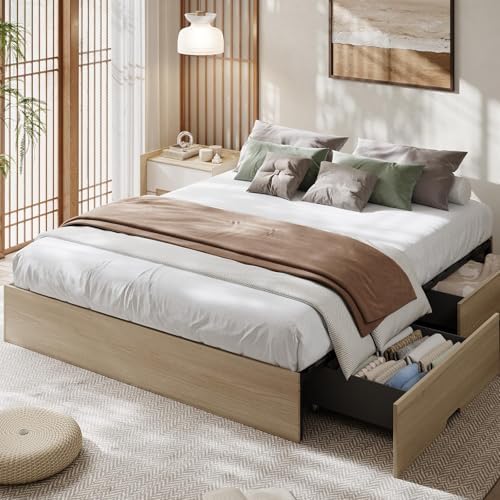 GarveeHome Wood Platform Bed Frame, King Bed Frame with 2 Drawers