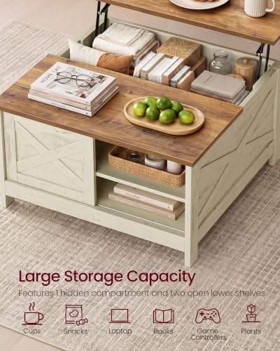 VASAGLE Farmhouse Coffee Table with Storage, Lift Top, Hidden Compartment