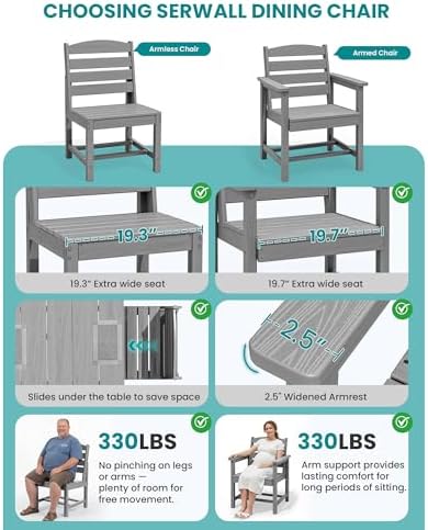 SERWALL Armless Outdoor Dining Set, Patio Dining Set for 6, Light Gray