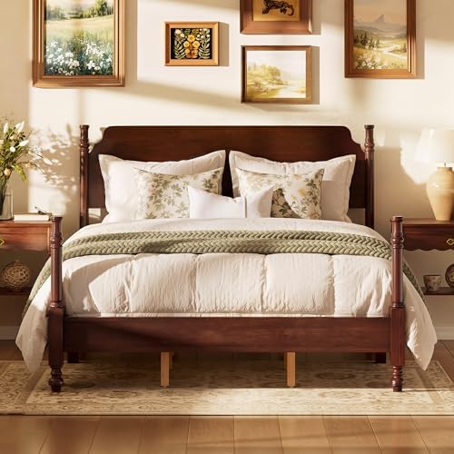 Vintage Wood Queen Bed Frame, Traditional Spindle Platform Bed with Tall Headboard, Dark Walnut Antique Style 4-Poster Design, Under Bed Storage, No Box Spring Needed (Dark Walnut, Queen)
