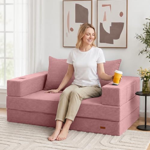COMAX Boneless Futon Sofa Bed, 59" Small Low-Profile Floor Couch, Pink