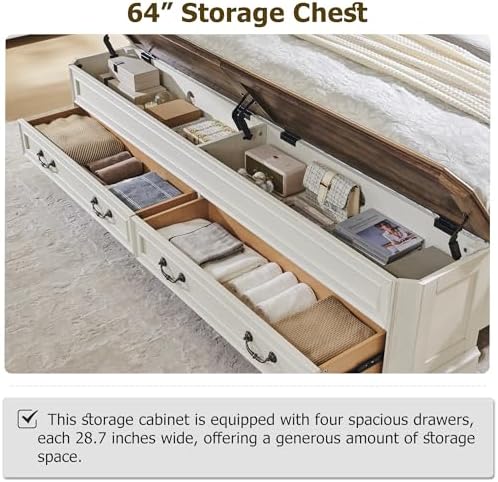 T4TREAM Farmhouse Queen Bed with Headboard and Storage Bench(Antique White)
