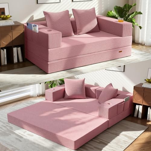 COMAX Boneless Futon Sofa Bed, 59" Small Low-Profile Floor Couch, Pink