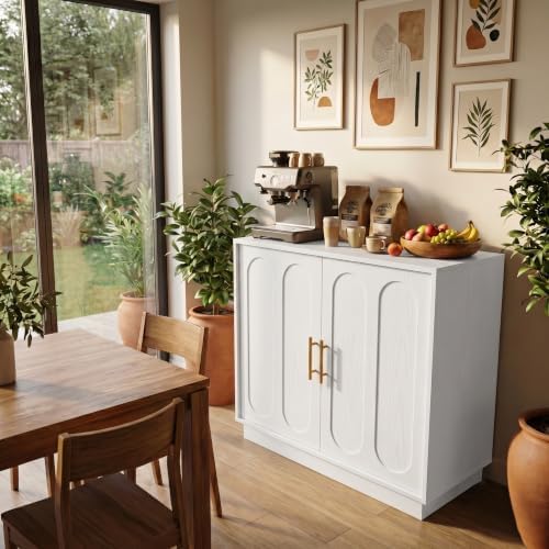holzart 31.5" Modern Farmhouse Storage Cabinet, White 2 Door Sideboard Buffet with Gold Handles, Fluted Wood Accent Credenza for Entryway, Living Room, Coffee Bar, Home Office