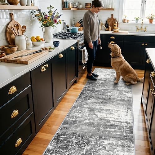 2x8 Washable Hallway Runner Rug: Abstract Stain Resistant Kitchen Rugs Farmhouse Ultra Soft Bathroom Bedroom Entryway Print Floor Mat Thin Non-Slip Indoor Carpet for Living Room Laudry(2x8,Black/Grey)