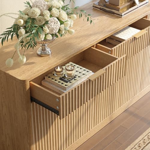 Evermagin 67" Fluted Oak Sideboard Buffet Cabinet with 3 Drawers
