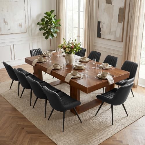 Miereirl 9-Piece Modern Farmhouse Dining Table Set, 86.6" x 47.2" Sturdy Stable Dining Table with 8 Chairs, Rectangular Kitchen Table Set for 8,(Walnut Table+8 Black Chairs)