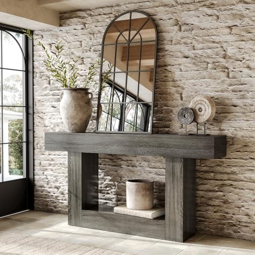 LITTLE TREE 63 Inches Long Console Table, 2-Tier Farmhouse Sofa Table Behind Couch, Large Narrow Entryway Table for Living Room, Wooden Hallway Foyer Table with Heavy Duty Base, Grey