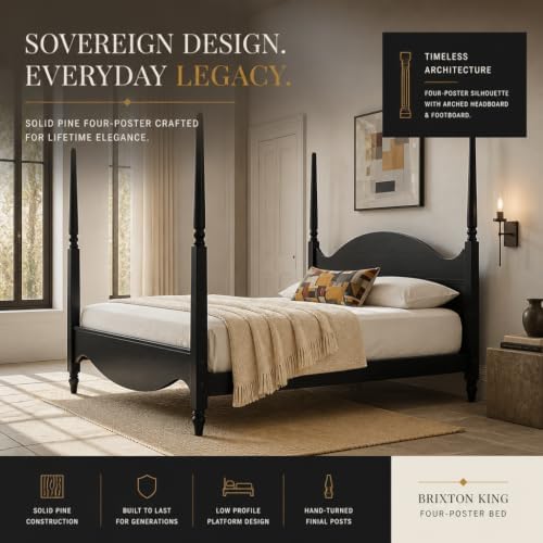 Brixton King Solid Pine Wood Four-Poster Bed, Arched Headboard, Black