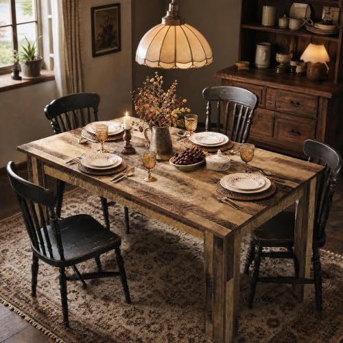 Garvee Wood Farmhouse Dining Table for 4-6, Heavy Duty Large Kitchen Table, 63 Inches Long Rectangular Dining Room Tables with Strong Legs, 1.18" Thickness Tabletop, for Big Family, Rustic Brown