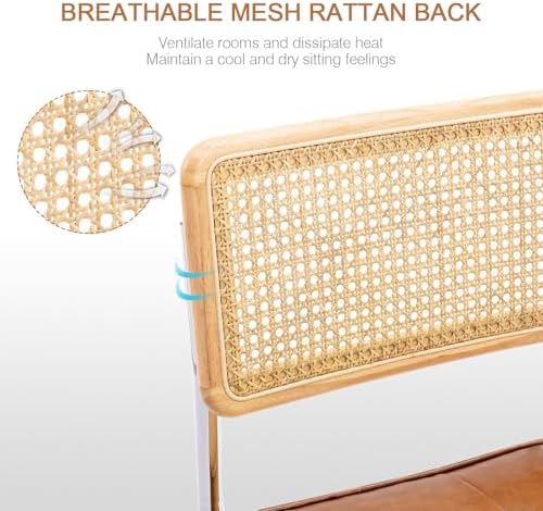 Zesthouse Natural Rattan Dining Chairs Set of 2, Mid Century Modern Dining Room Chairs with Chrome Leg, Faux Leather Kitchen Chair with Solid Wood Back & Cane Mesh, Breuer Cesca Design Inspired, Brown