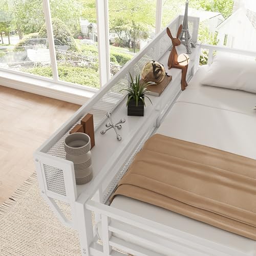 KEIKI Twin Size Metal Loft Bed Frame with Convertible Staircase, Built-in Storage Shelves & Wardrobe, Loft Bed with Solid Slats & Guardrail, No Box Spring Required, Easy Assembly, for Bedroom, White