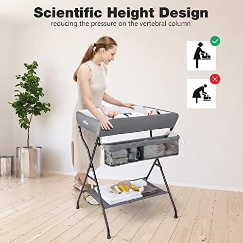 INFANS Baby Changing Table, Folding Diaper Station Portable Nursery Organizer with Safety Belt and Large Storage Racks for Newborn Baby and Infant (Grey)