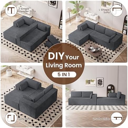 106" Cloud Sectional Boneless Couches for Living Room, Modular L Shaped Couch with Deep Seat Oversized Right Facing Chaise, Memory Foam Compressed Spineless 3 Seater Sofa for Apartment, Grey