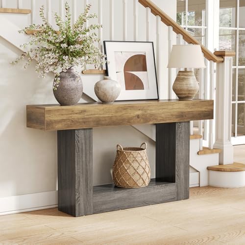 LITTLE TREE 63 Inches Long Console Table, 2-Tier Farmhouse Sofa Table Behind Couch, Large Narrow Entryway Table for Living Room, Wooden Hallway Foyer Table with Heavy Duty Base, Rustic Brown and Grey