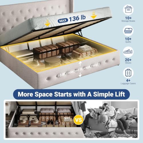 Allewie King Size Lift Up Storage Button-Tufted Bed Frame Light Beige